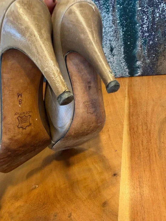 Yves Saint Laurent Vintage 90s Quiet Luxury Leather Peep Toe Heels Taupe/Tan - Picture 15 of 17